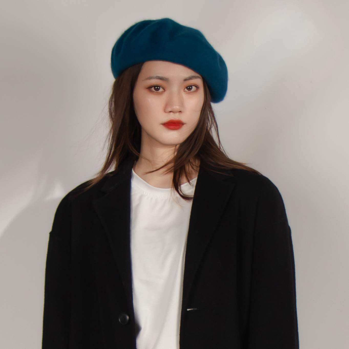 羊毛贝雷帽百搭蓝色复古大头围