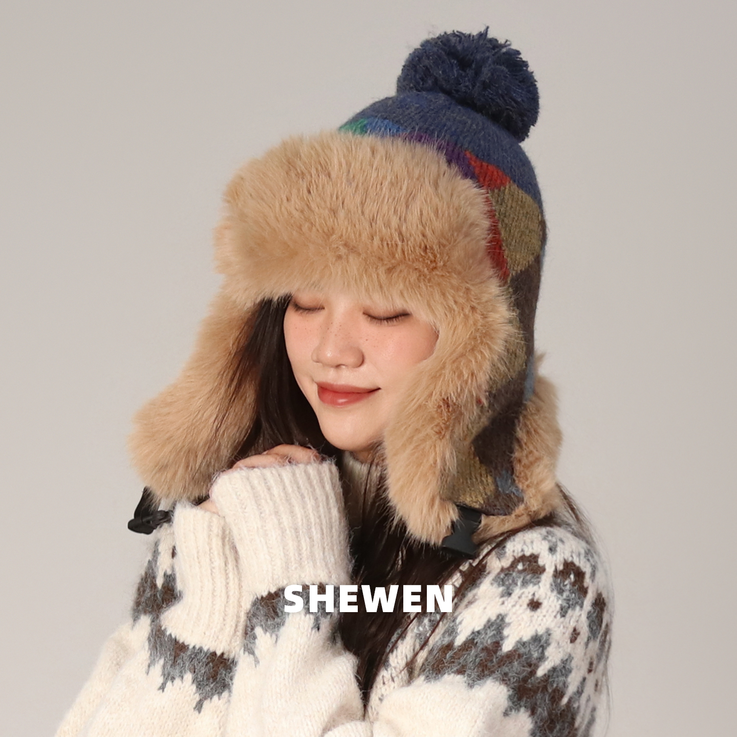 提花针织毛线帽大头围护耳雷锋帽