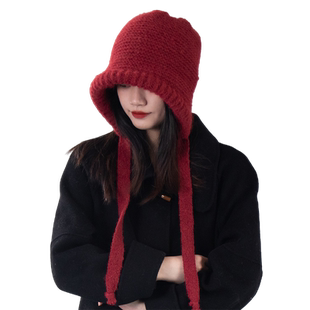 包包帽大头围毛线帽女秋冬可爱包头帽绑带巴拉克拉法帽毛绒针织帽