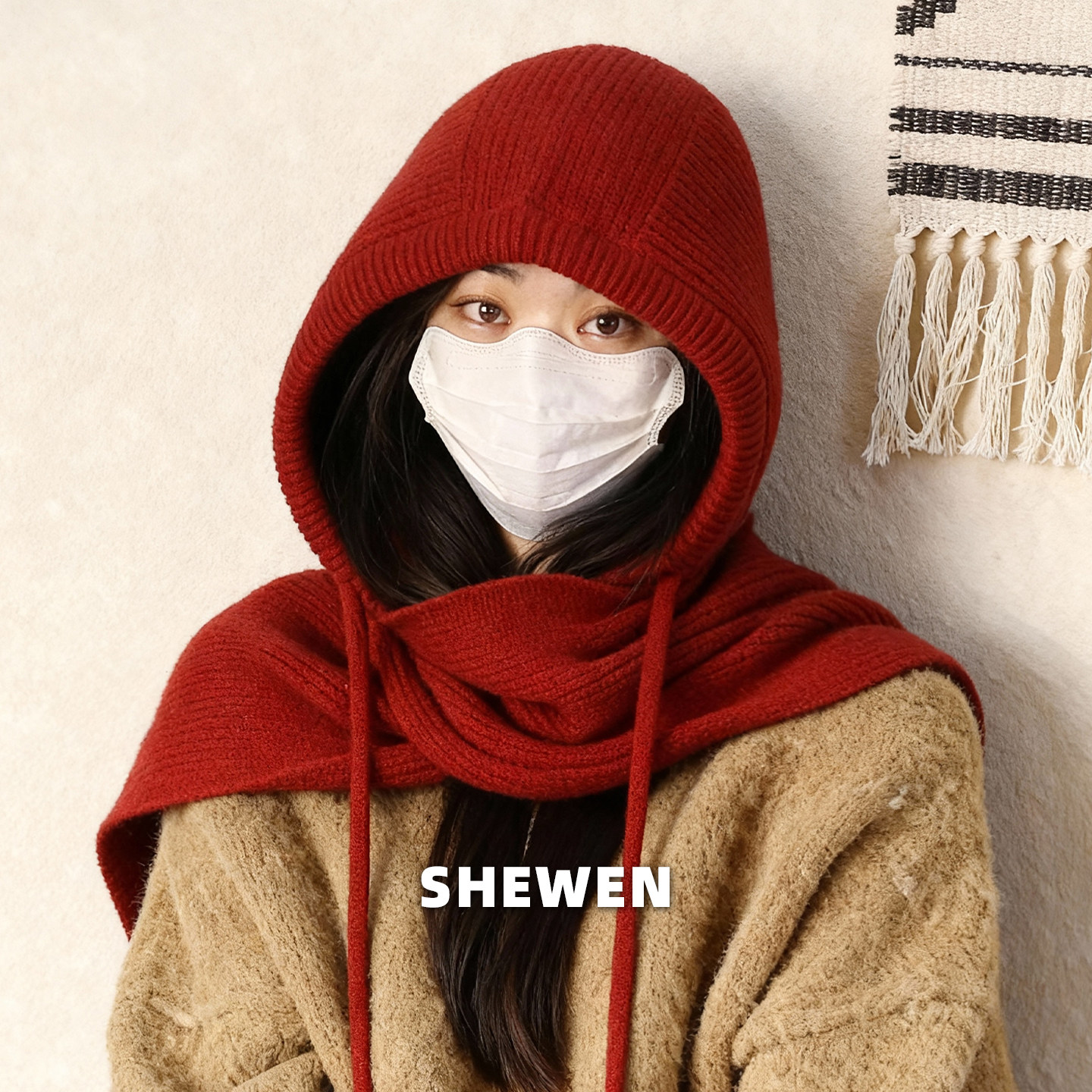 红色针织连帽围巾一体女冬季保暖毛线帽拉法帽子大头围韩版大围巾,服饰配件/皮带/帽子/围巾,帽子,淘宝优惠券,粉丝福利购,淘宝优惠卷