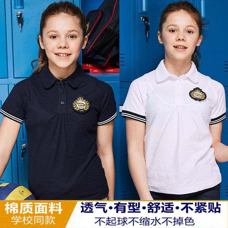 英伦校服 中小学生男女童夏季纯棉藏青白色短袖T恤POLO衫10T223X