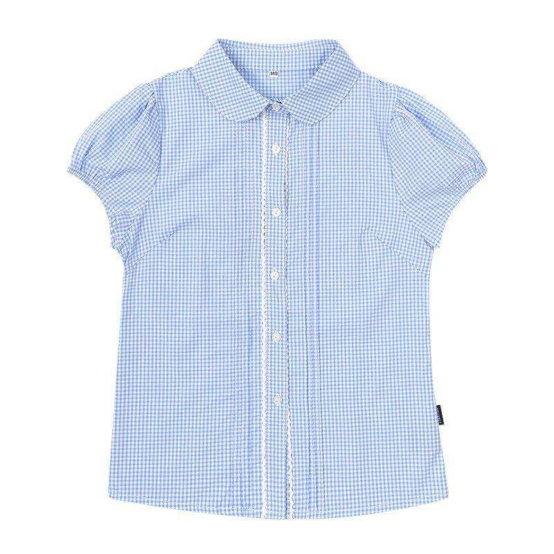 女款中小学生校服衬衫女童短袖蓝色双花边衬衫夏季中大童班服纯棉