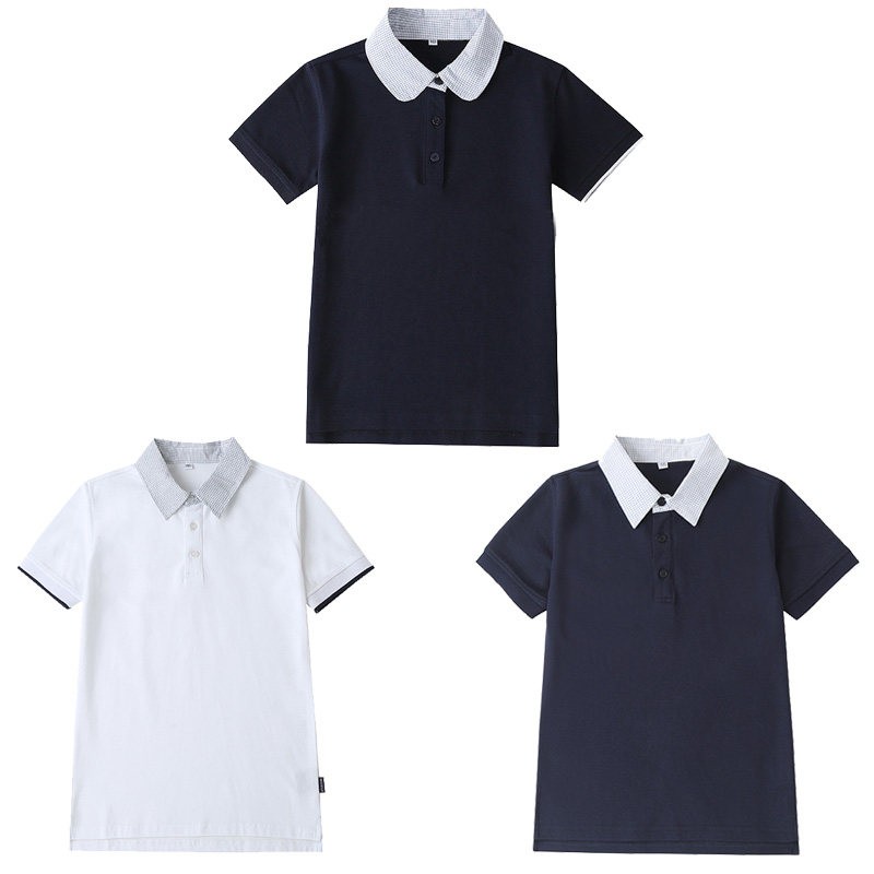 中小学生校服学院英伦风园园服夏季白色藏青格子翻领短袖T恤上衣T