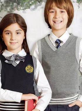伊顿校服春秋中小学生灰色藏青色纯棉针织背心男女针织马甲13B013