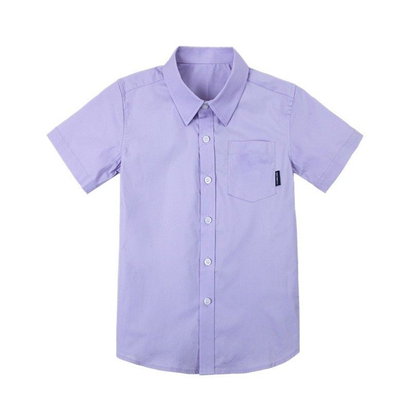 中小学生校服园服休闲夏款英伦风紫色纯色短袖白扣衬衫儿童棉上衣