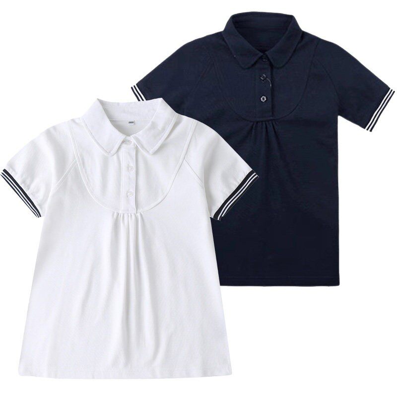 中小学生学院英伦夏季短袖T恤校服插肩袖Polo衫蝴蝶结白藏青上衣T