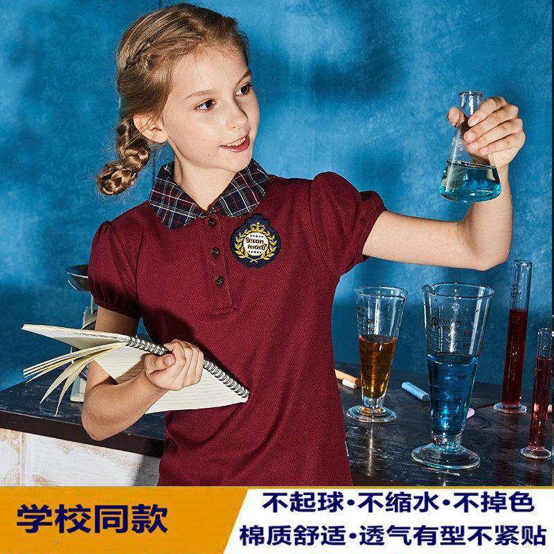伊顿同款 英伦校服短袖 夏装女童枣红色格子领T恤中小学生polo衫X