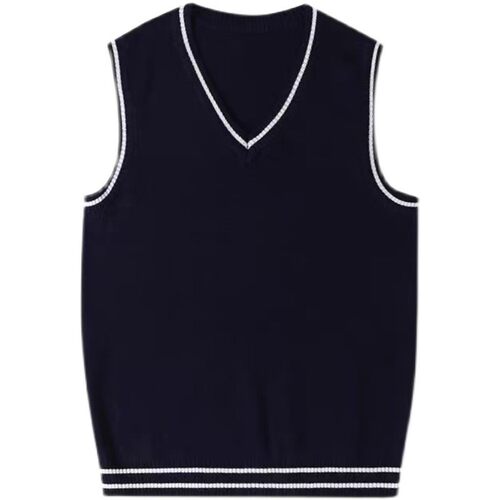中小学生校服藏青双白条下摆儿童针织衫背心毛衣马甲春秋款纯棉款