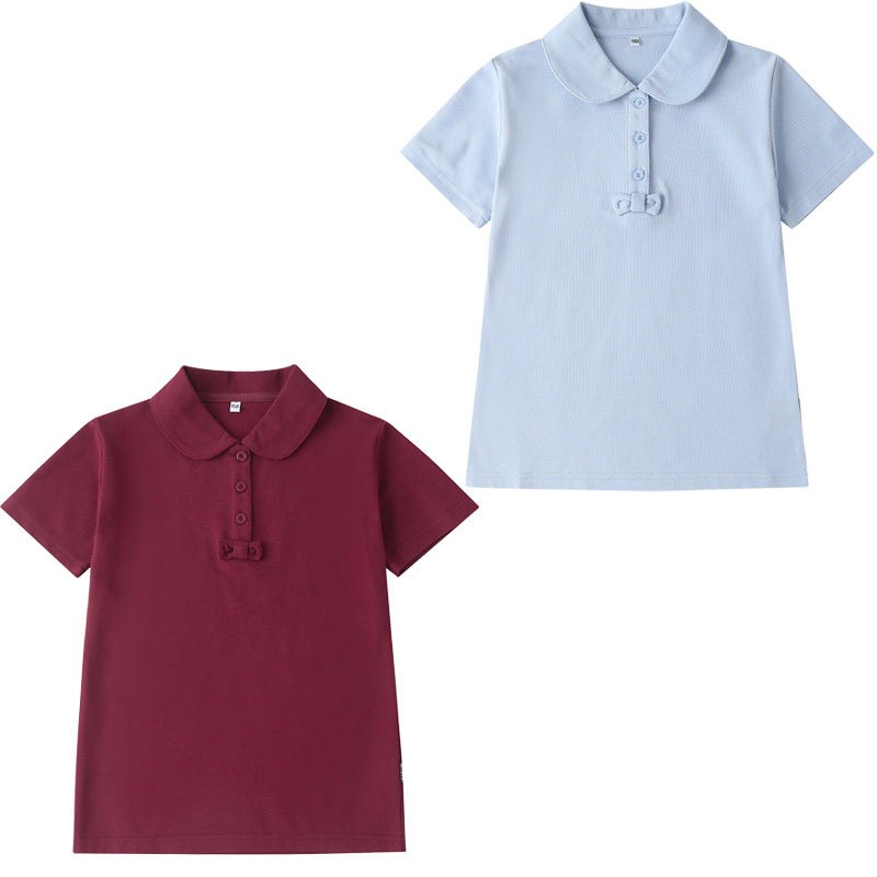 中小学生学院英伦班服夏季短袖T恤校服枣红浅蓝插肩袖Polo衫上衣T