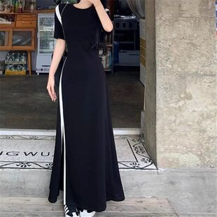 大码设计感长款裙子夏季日常通勤气质女装圆领拼接开叉收腰连衣裙