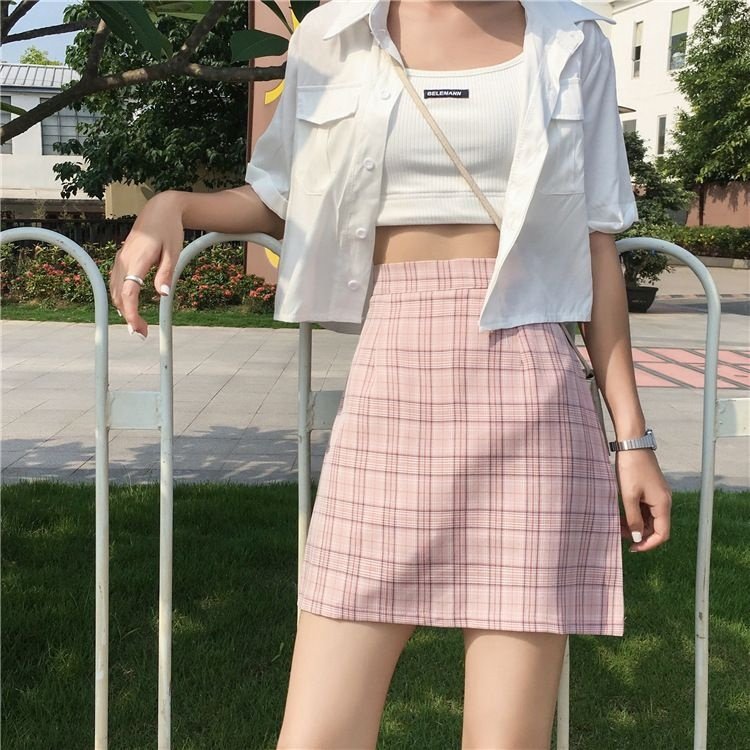 裙子女夏季网红高腰格子2020年新款韩版半身裙显瘦百搭A字裙短裙