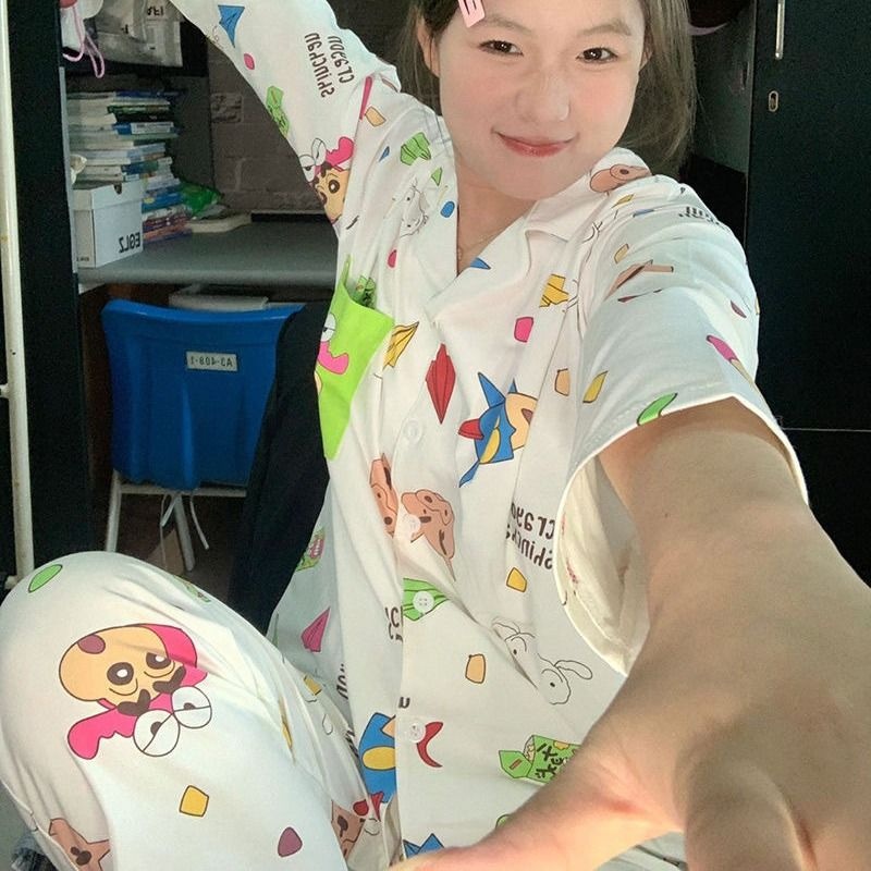 少女卡通可爱蜡笔小新睡衣女春秋季新款网红风长袖长裤居家服套装