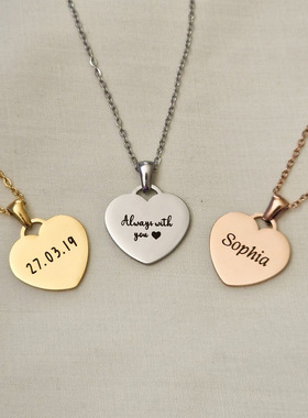 跨境支持刻字不锈钢母亲节情侣礼物吊坠项链diy桃心爱心项坠