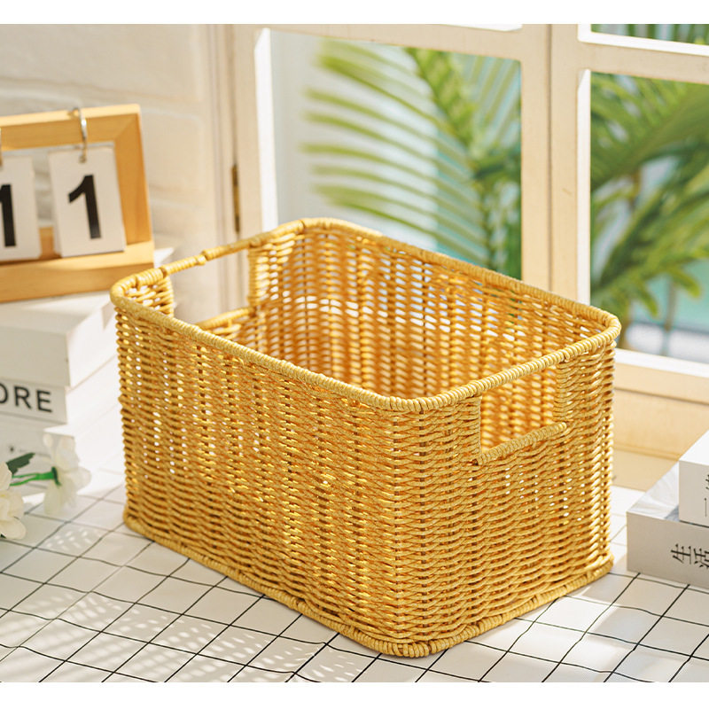 桌面零食化妆品收纳储物筐仿藤编茶几收纳筐客厅电视柜抽屉整理篮