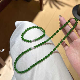 天然新疆碧玉菠菜绿老料单圈手串万能高碳钻万能扣新中式女款项链