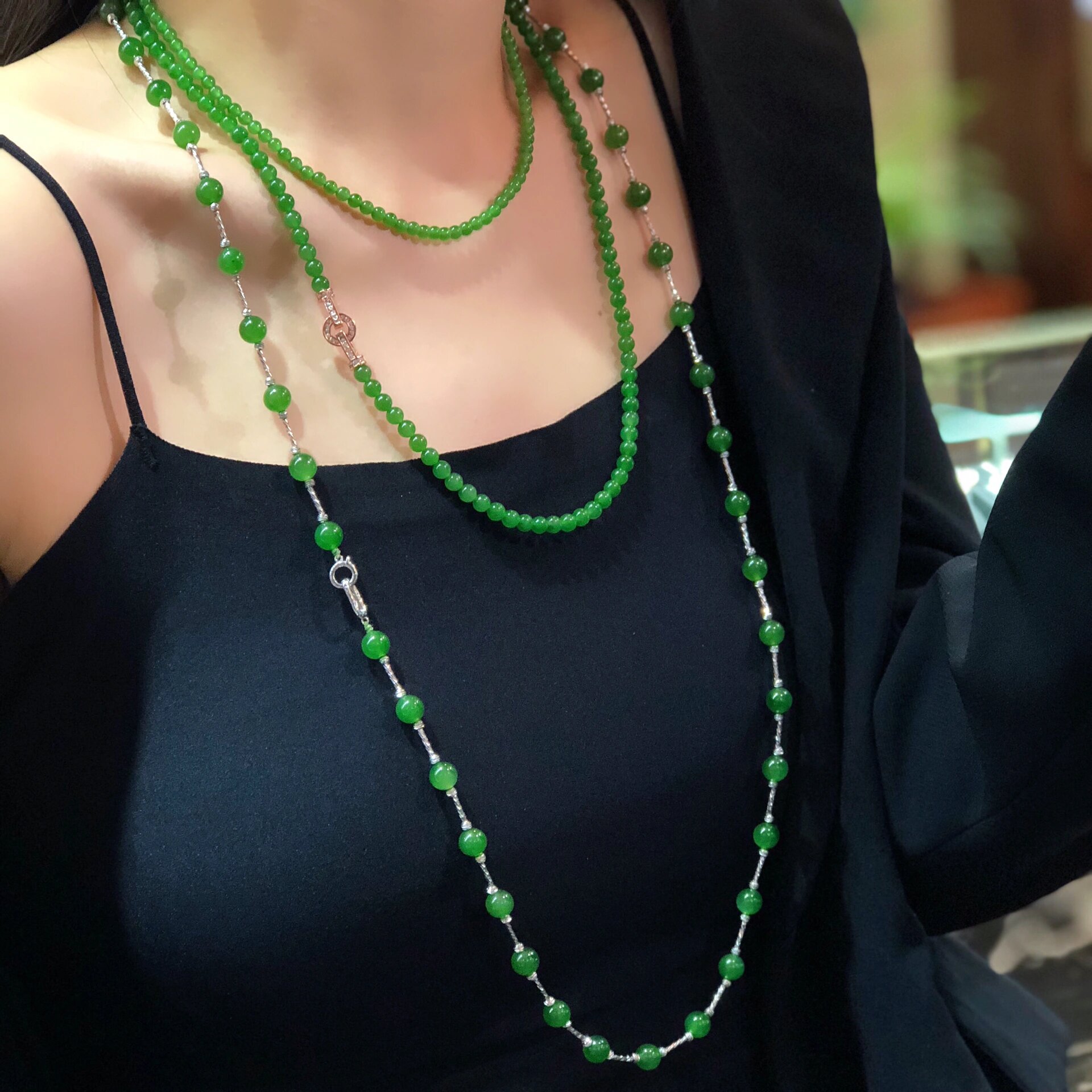 俄罗斯碧玉项链新疆和田玉正阳绿翡翠小米珠锁骨链国风新中式男女