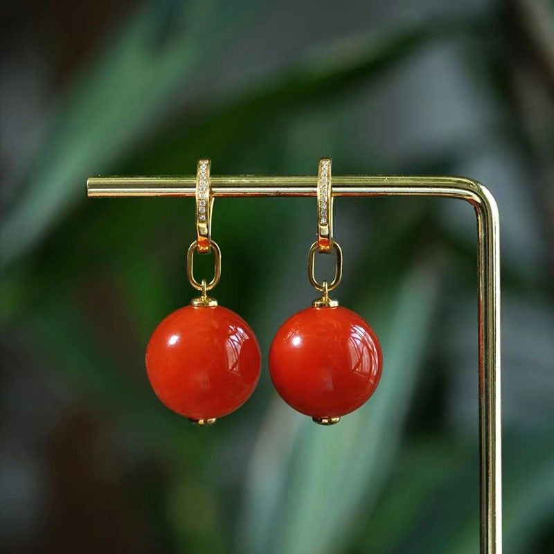 正品满色樱桃红圆珠耳环凉山南红玛瑙耳圈925银镀18k金耳坠气质女