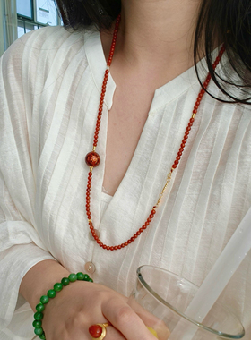 天然南红玛瑙小米珠项链女款本命年红色大漆毛衣链新中式国风长款