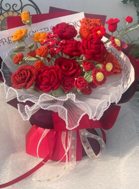 元旦新年毛线玫瑰花束编织成品手工钩织永生花束生日礼物送女友