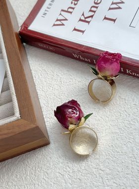 干花戒指玫瑰花戒指女复古文艺小众设计感开口可调节食指戒永生花