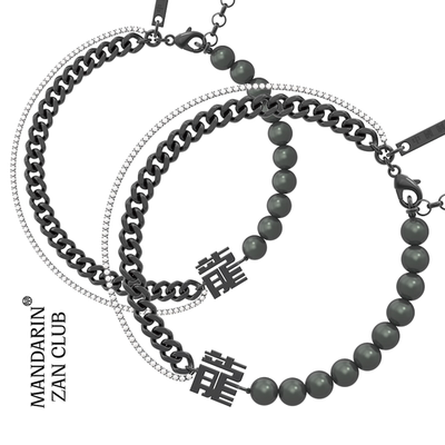 赞符思国潮龙字黑珍珠锆石中性酷辣暗黑甜美手链