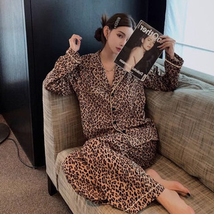 新款时尚豹纹睡衣女秋季长袖睡衣欧美性感家居服女士两件套装批发