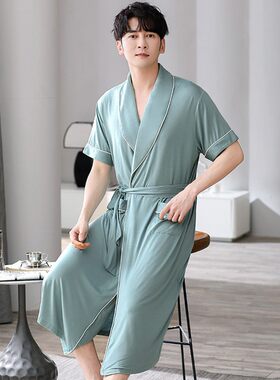 莫代尔棉短袖睡袍男士睡衣夏季大码浴袍和服男生纯色薄款居家服