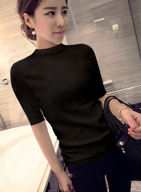 早春纯棉黑色小高领半袖t恤女上衣潮2024新款紧身五分袖打底衫薄