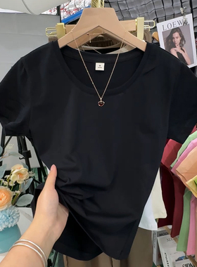 黑色圆领紧身短袖t恤女夏装纯棉修身显瘦基础款洋气独特别致上衣
