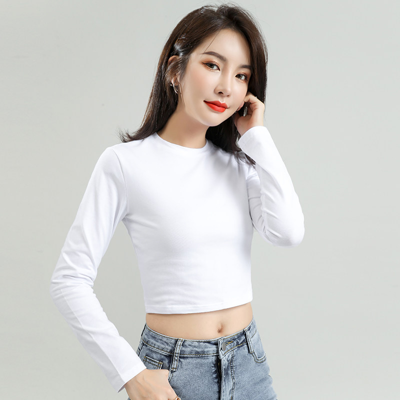 纯棉高腰露脐长袖t恤女紧身短款内搭上衣白色修身小圆领打底衫春