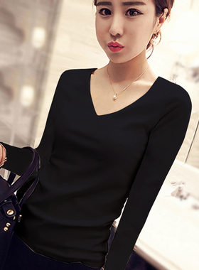 黑色纯棉长袖t恤女装2025年新款潮春秋薄款紧身显瘦打底衫v领上衣