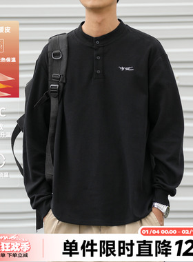 HEEMKIZOO310g美式复古秋季男刺绣休闲长袖亨利领T恤休闲舒适上衣