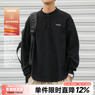 HEEMKIZOO310g美式复古秋季男刺绣休闲长袖亨利领T恤休闲舒适上衣