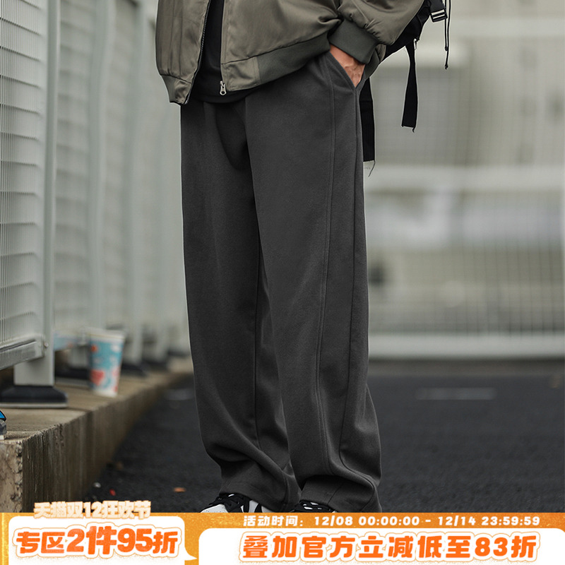 HEEMKIZOO日系秋冬复古毛呢拼接直筒裤宽松男款百搭纯色休闲裤子