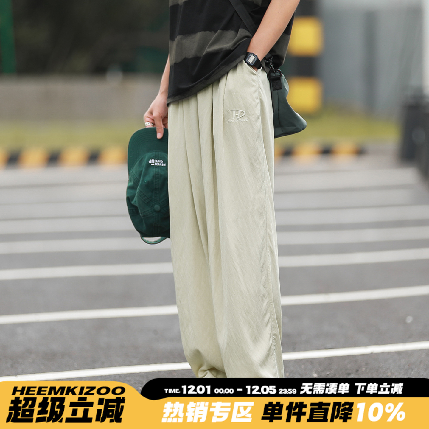 HEEMKIZOO日系复古夏季凉爽透气轻薄刺绣长裤宽松直筒休闲裤子潮