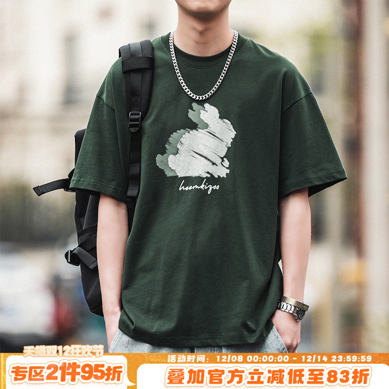 290g重磅嘿马七作原创日系夏季男士涂鸦兔子印花短袖宽松T恤上衣
