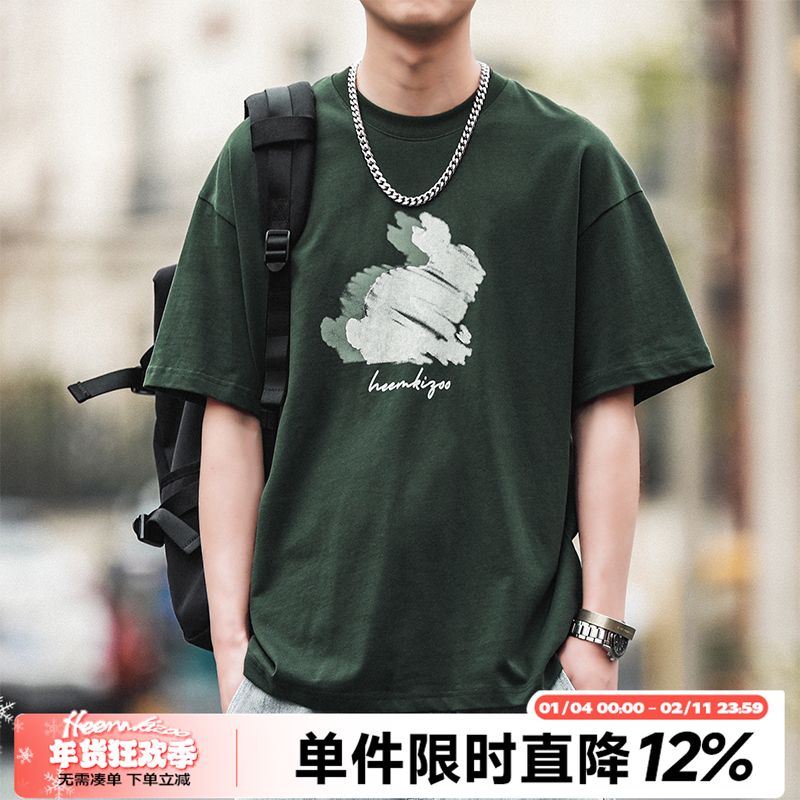 290g重磅嘿马七作原创日系夏季男士涂鸦兔子印花短袖宽松T恤上衣