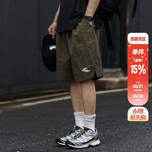 HEEMKIZOO美式复古夏季四杠反光印花男士短裤户外宽松休闲裤子潮