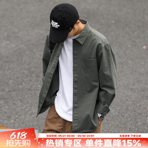 日系复古春秋口袋刺绣长袖衬衫