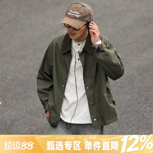 复古巴恩风灯芯绒格纹翻领夹克男