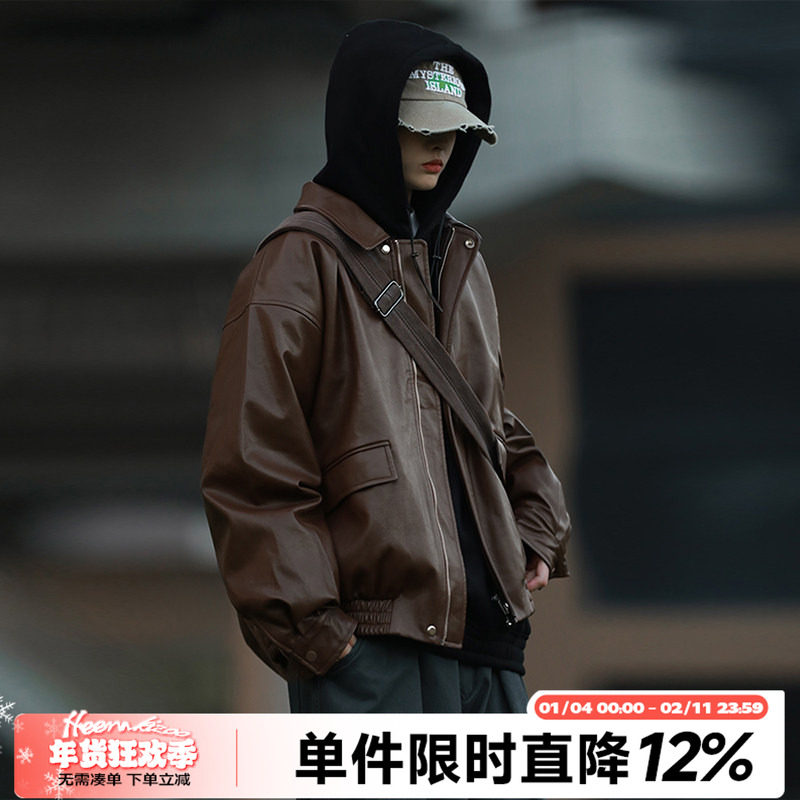 HEEMKIZOO日系复古秋冬款纯色翻领复古机车短款男女皮衣外套潮牌,男装,皮衣,淘宝优惠券,粉丝福利购,淘宝优惠卷