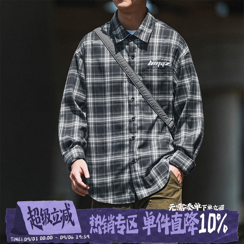 HEEMKIZOO刺绣翻领长袖格子衬衫图片