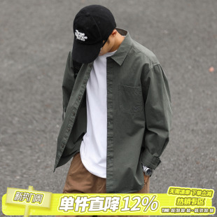 潮宽松休闲内搭衬衣 男士 HEEMKIZOO日系复古春秋口袋刺绣长袖 衬衫