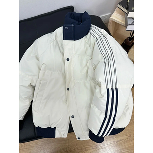 美式拼接三条杠棉服男士冬季2025新款立领加厚保暖面包服棉衣外套