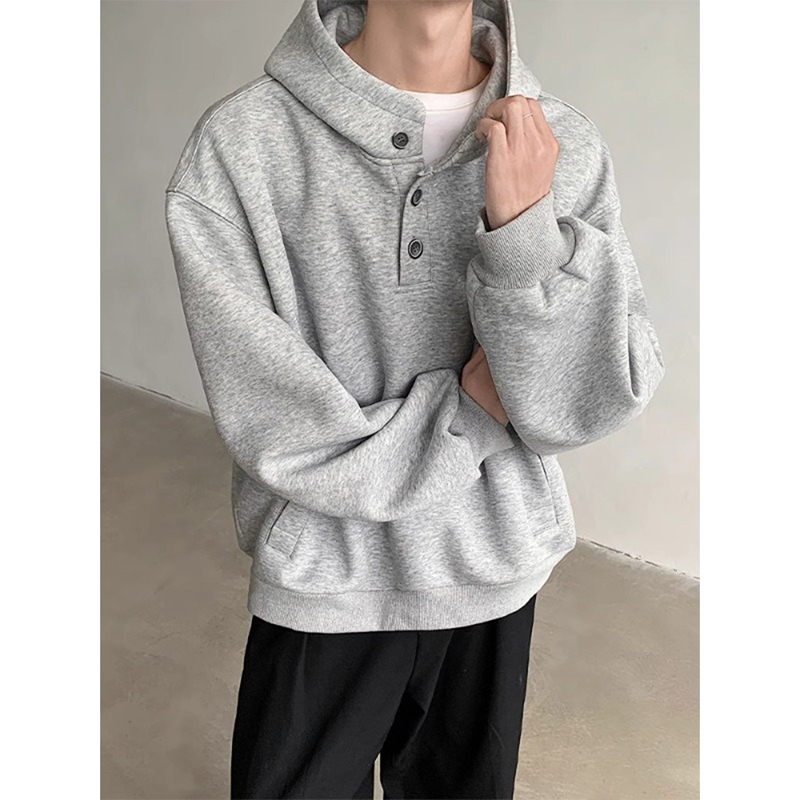 颖膝美式重磅纽扣连帽卫衣男款