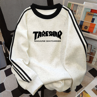 美式三条杠条纹卫衣男士冬季潮牌宽松加绒加厚青少年保暖上衣外套