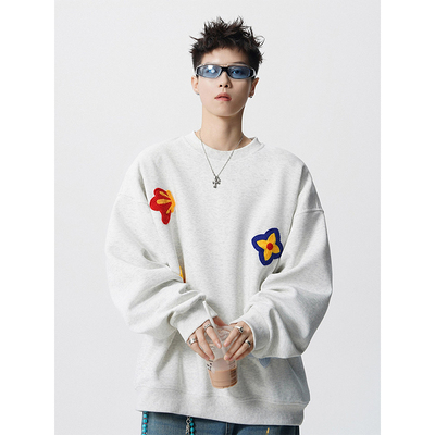 颖膝美式重磅刺绣圆领卫衣男潮牌
