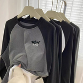 冬季 双面德绒插肩拼色长袖 t恤男士 加绒加厚宽松保暖内搭上衣服潮