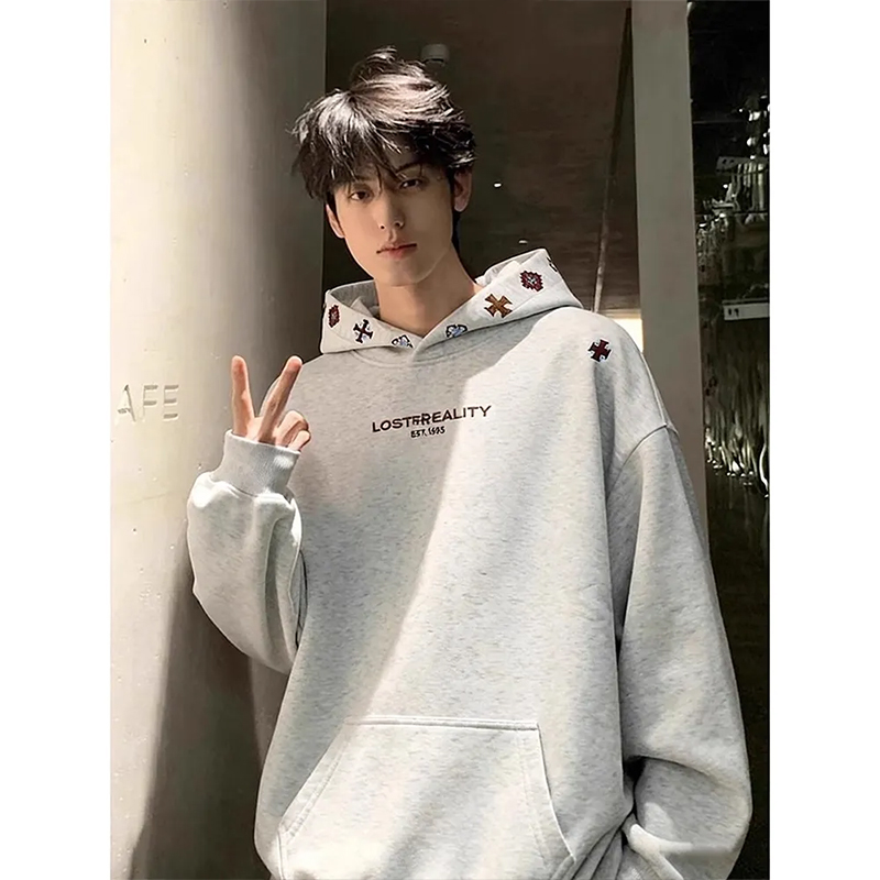 颖膝刺绣重磅连帽卫衣男士秋冬季