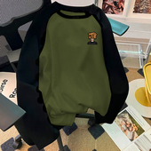 宽松加绒加厚拼色保暖长袖 美式 秋冬季 男款 T恤 重磅德绒插肩打底衫